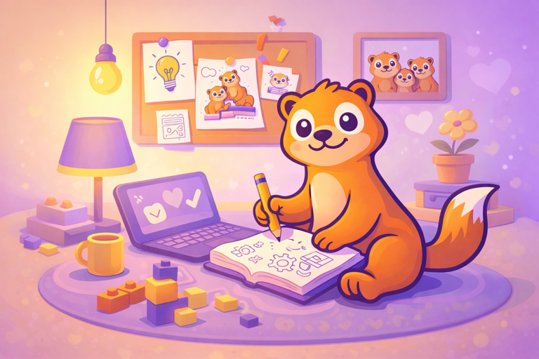 Lulo the ferret working on game designs at a cozy desk